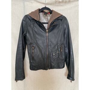 Doma Leather Hooded Zip Up Cropped Motorcycle Black Jacket Size Small